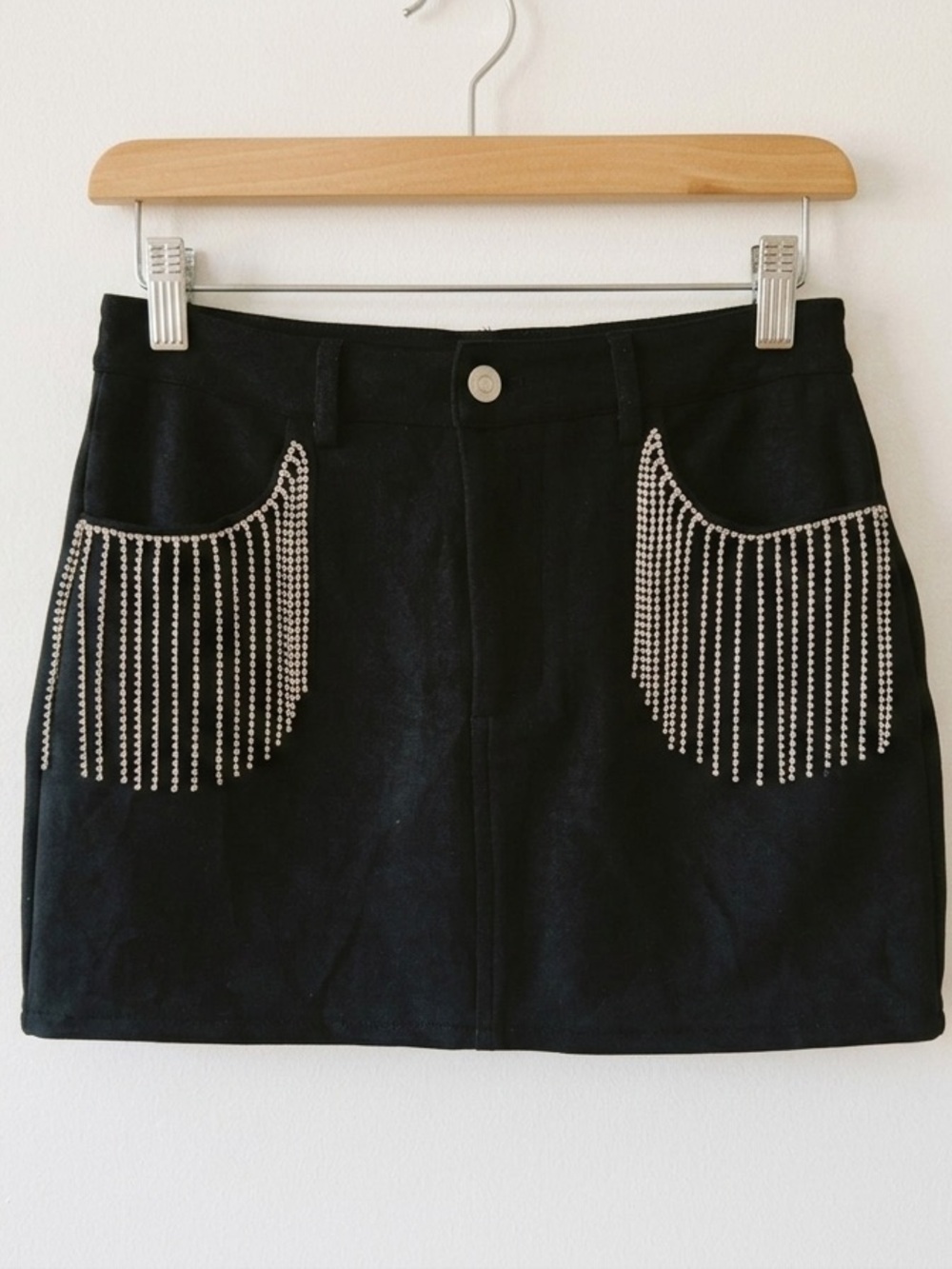 Altar’d State Black Rhinestone Fringe Mini Skirt Y2K Western Cowgirl Size S